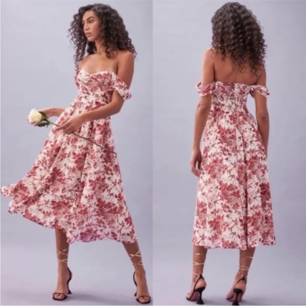 Reformation Floral Off-Shoulder Midi Dress in Cream and Rose